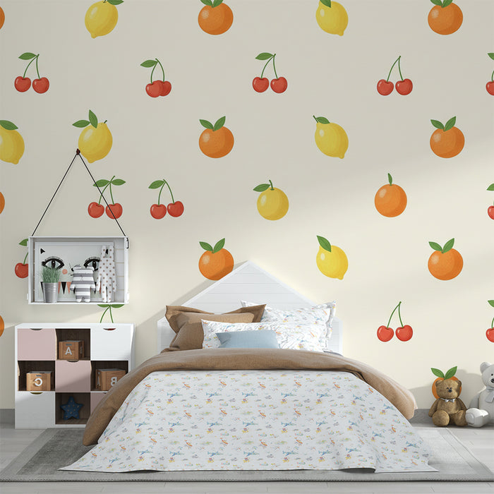 Papel de parede criança | Coloridos padrões de frutas com laranjas, limões e cerejas
