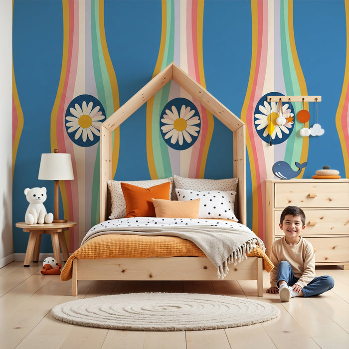 Kids' room wallpaper | Colorful floral patterns with bright stripes