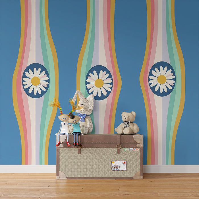 Kids' room wallpaper | Colorful floral patterns with bright stripes