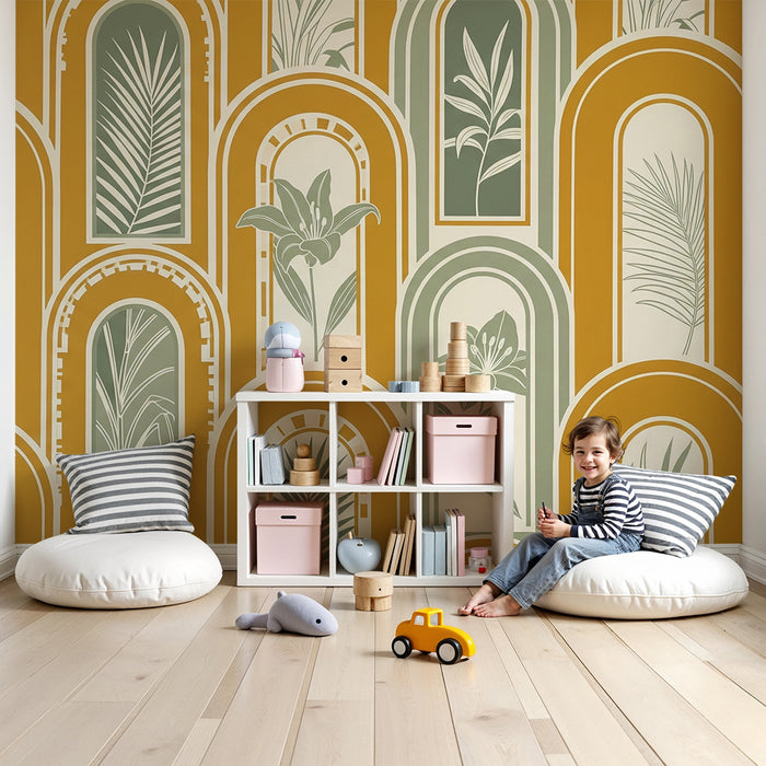 Papier peint chambre enfant | Motifs floraux et arches dans des tons doux
