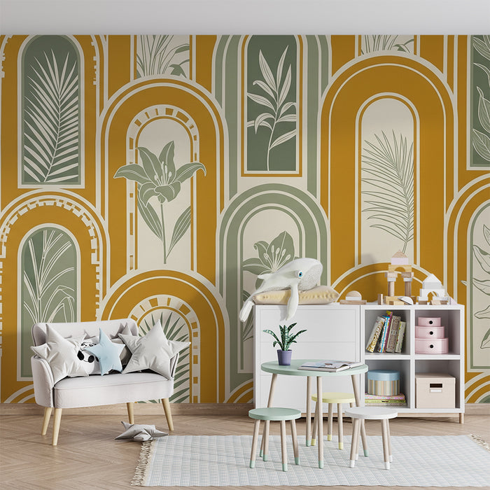 Papier peint chambre enfant | Motifs floraux et arches dans des tons doux