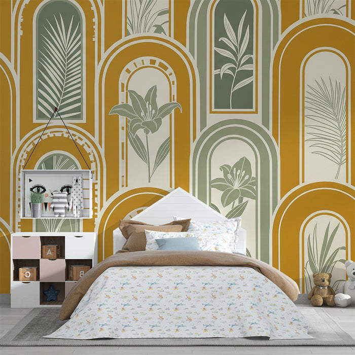 Papier peint chambre enfant | Motifs floraux et arches dans des tons doux