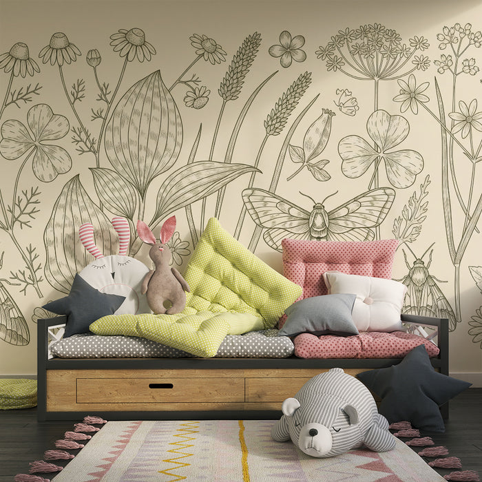 Børnetapet | Delikate blomster- og insektmotiver i sort og hvid