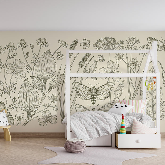 Børnetapet | Delikate blomster- og insektmotiver i sort og hvid
