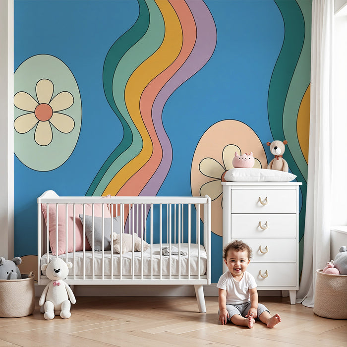 Kids' room wallpaper | Floral patterns and colorful waves on a blue background