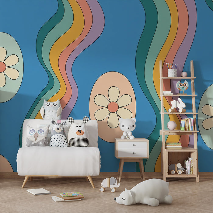 Kids' room wallpaper | Floral patterns and colorful waves on a blue background