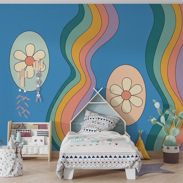 Kids' room wallpaper | Floral patterns and colorful waves on a blue background