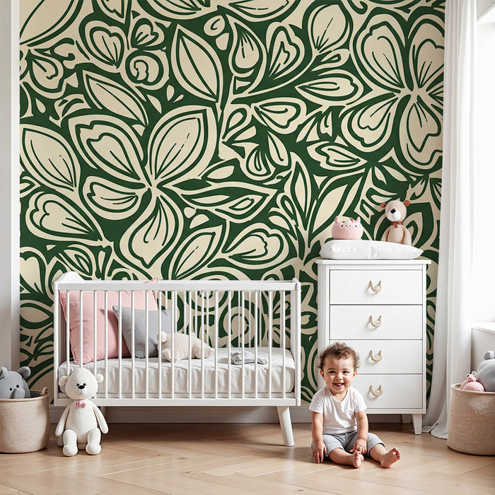 Papier peint chambre enfant | Motifs floraux stylisés sur fond crème et vert