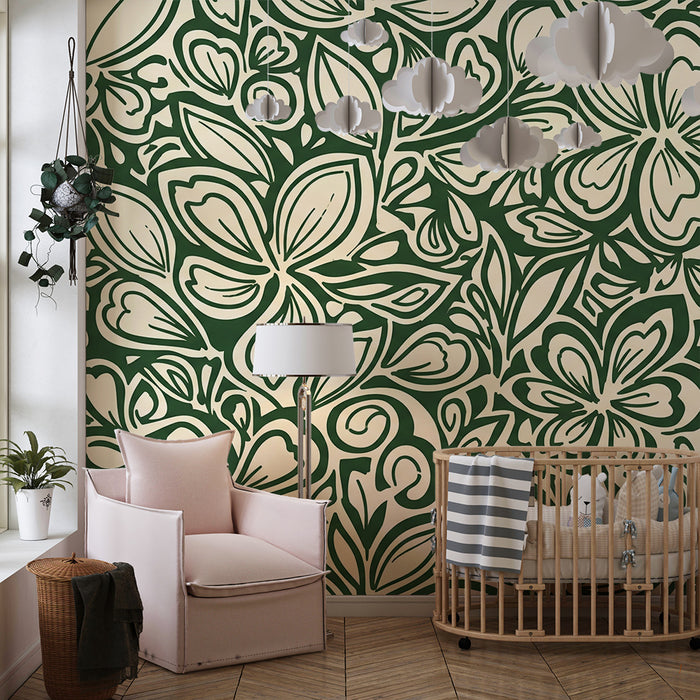 Papier peint chambre enfant | Motifs floraux stylisés sur fond crème et vert