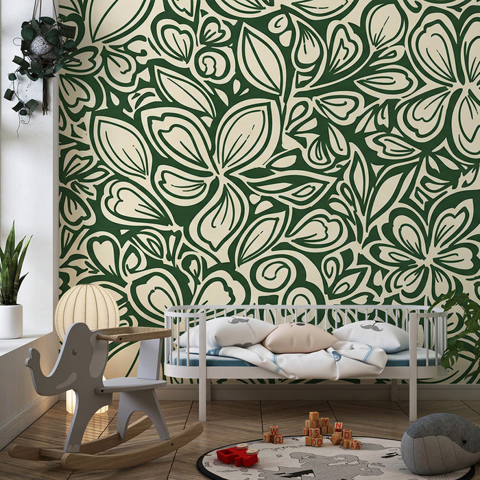 Papier peint chambre enfant | Motifs floraux stylisés sur fond crème et vert