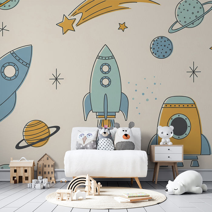 Papel de parede criança | Padrões de foguetes e planetas fundo bege