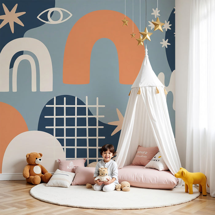Kinderzimmer Tapete | Bunte geometrische Muster mit Regenbogen und abstrakten Formen