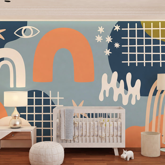 Kinderzimmer Tapete | Bunte geometrische Muster mit Regenbogen und abstrakten Formen