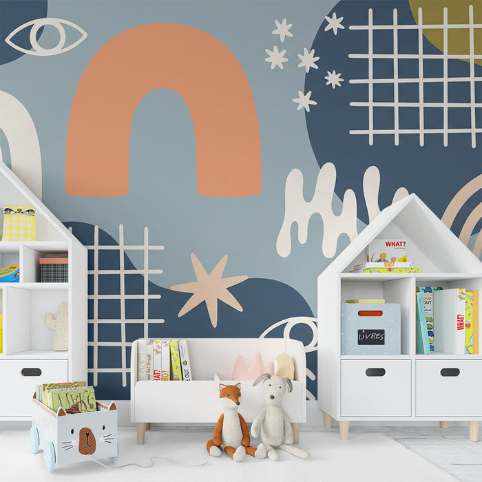 Kinderzimmer Tapete | Bunte geometrische Muster mit Regenbogen und abstrakten Formen