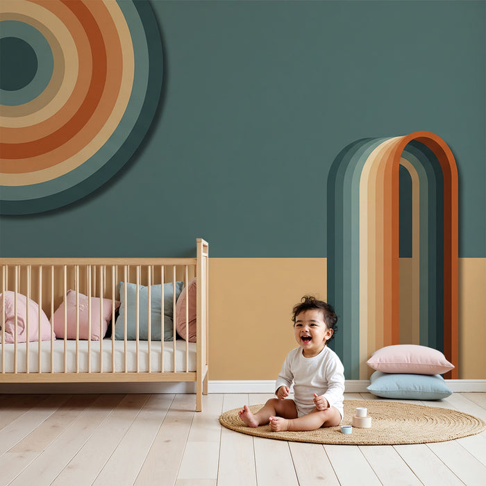 Detská tapeta do izby | Farebné geometrické motívy s oblúkmi a kruhmi