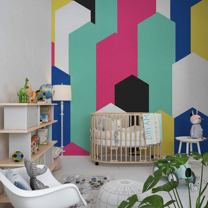 Detská izba tapeta | Farebné geometrické vzory s žiarivými hexagónmi