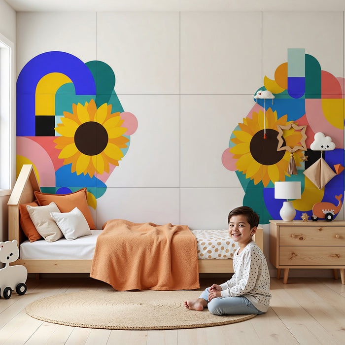 Kids room wallpaper | Colorful geometric patterns with vibrant sunflowers