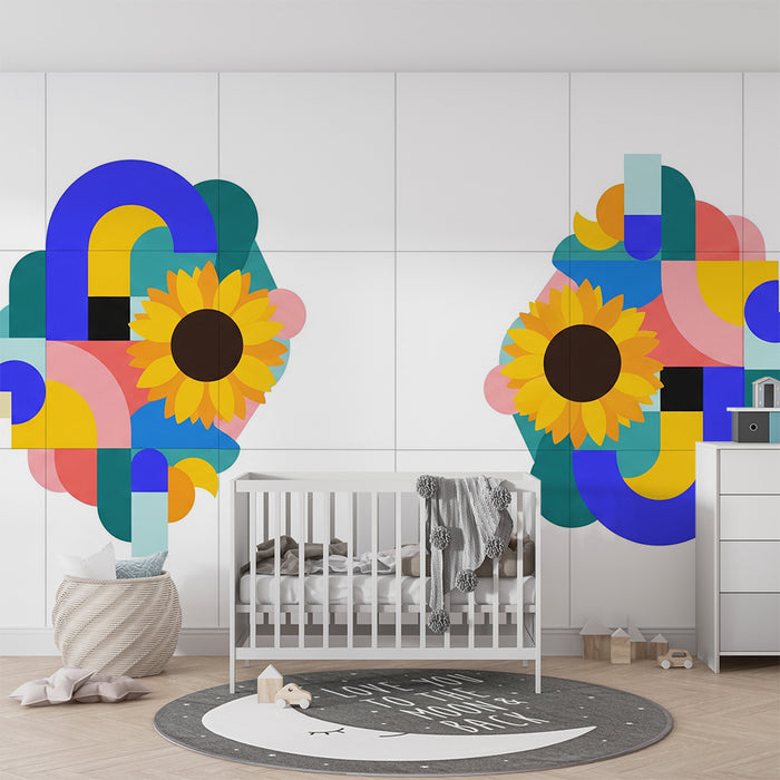 Kids room wallpaper | Colorful geometric patterns with vibrant sunflowers
