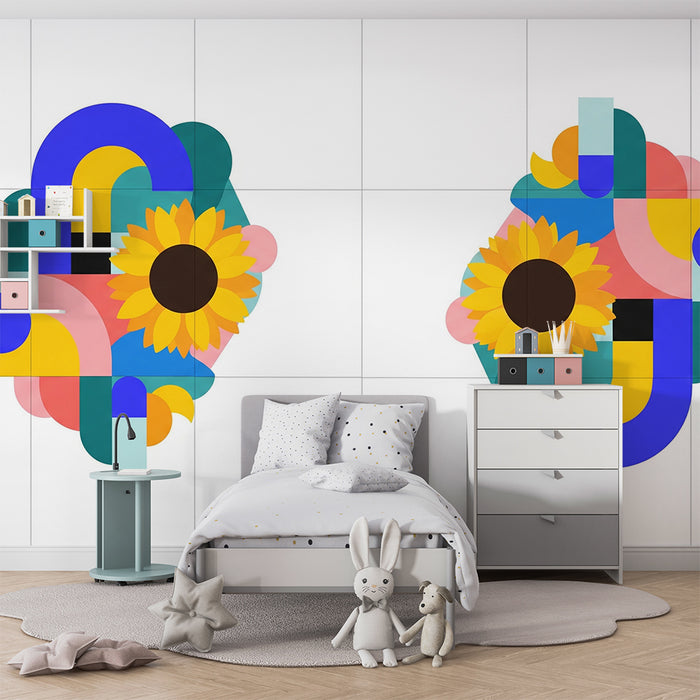Kids room wallpaper | Colorful geometric patterns with vibrant sunflowers