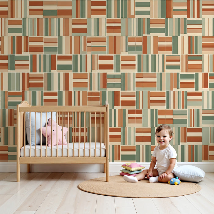 Children's bedroom wallpaper | Colorful geometric patterns in terracotta and green