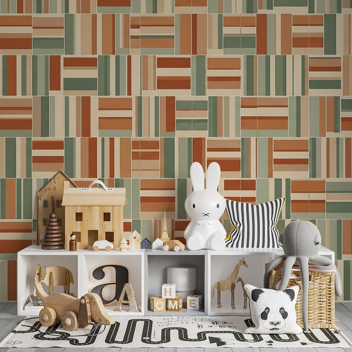 Children's bedroom wallpaper | Colorful geometric patterns in terracotta and green