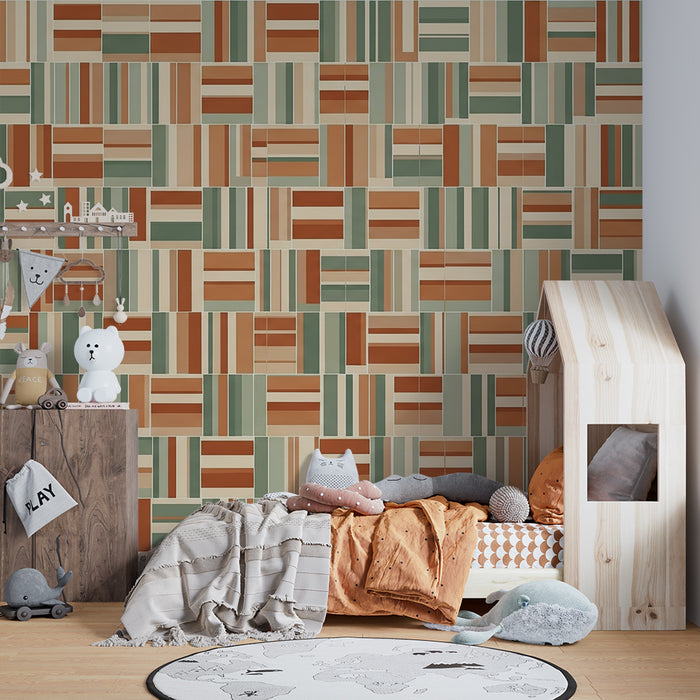 Children's bedroom wallpaper | Colorful geometric patterns in terracotta and green