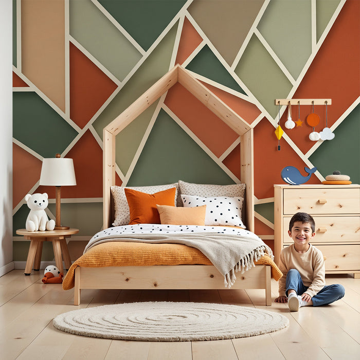Papel de parede para quarto de criança | Padrões geométricos coloridos em terracota e verde