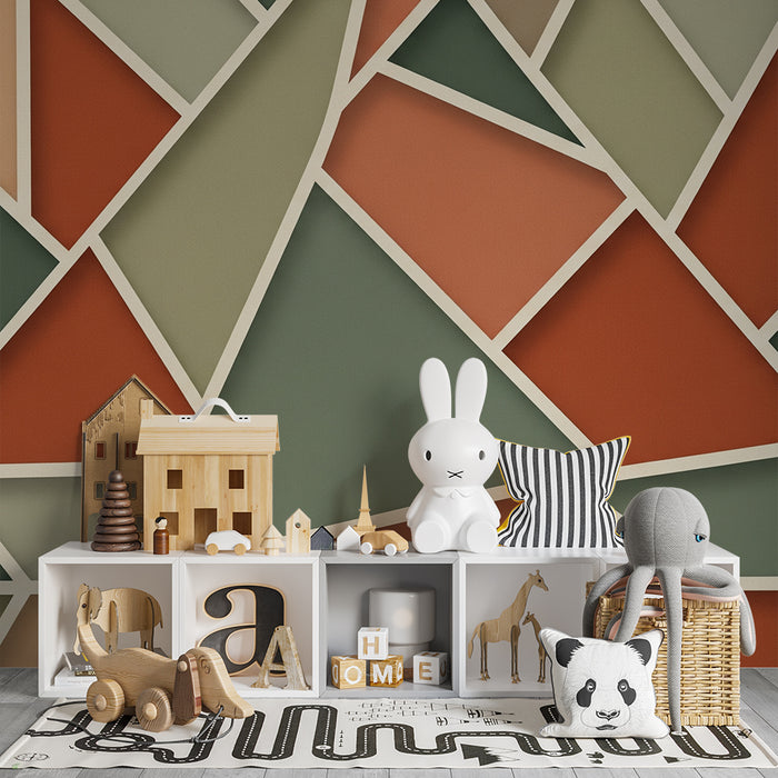 Papel de parede para quarto de criança | Padrões geométricos coloridos em terracota e verde