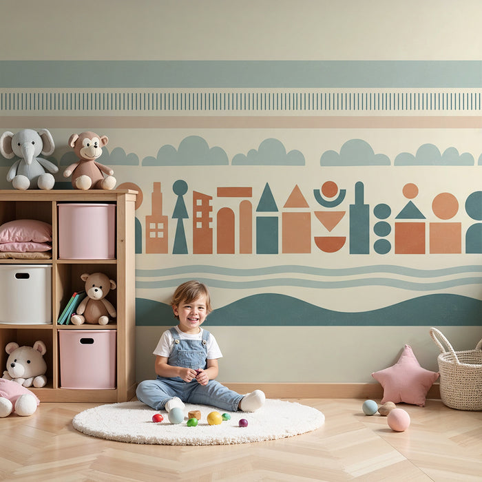Kids' Room Wallpaper | Colorful Geometric Patterns and Soothing Clouds