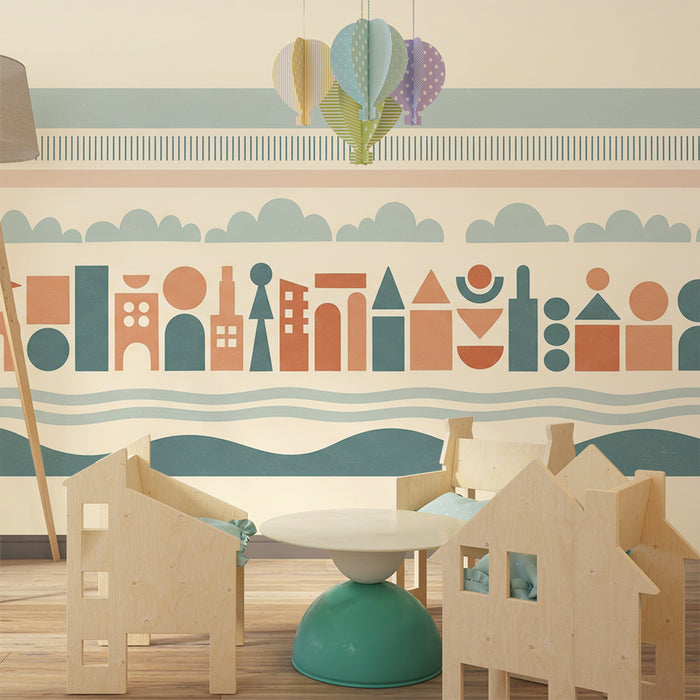 Kids' Room Wallpaper | Colorful Geometric Patterns and Soothing Clouds