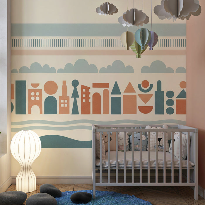 Kids' Room Wallpaper | Colorful Geometric Patterns and Soothing Clouds