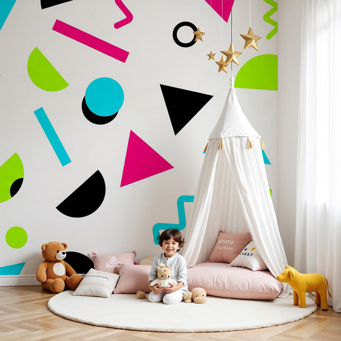 Kids room wallpaper | Colorful geometric patterns on a white background