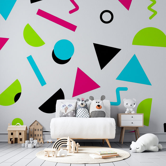 Kids room wallpaper | Colorful geometric patterns on a white background