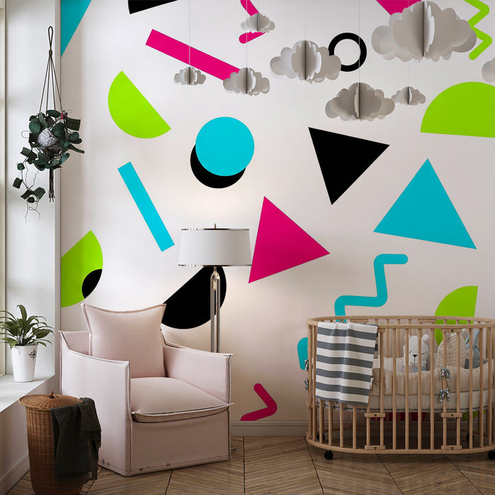 Kids room wallpaper | Colorful geometric patterns on a white background