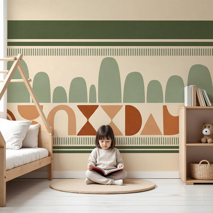 Kinderzimmer Tapete | Sanfte geometrische Muster in Erdtönen und Grün