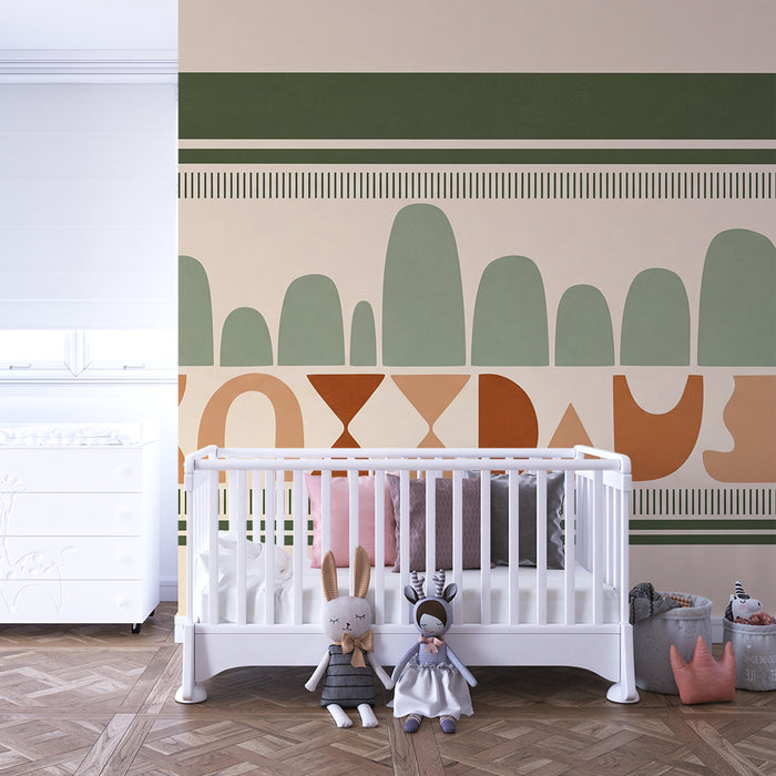 Kinderzimmer Tapete | Sanfte geometrische Muster in Erdtönen und Grün