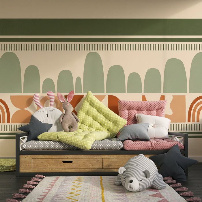Kinderzimmer Tapete | Sanfte geometrische Muster in Erdtönen und Grün