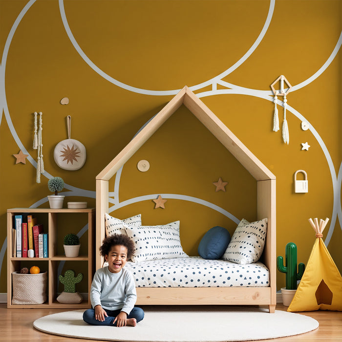 Children's bedroom wallpaper | Yellow and white geometric circle patterns