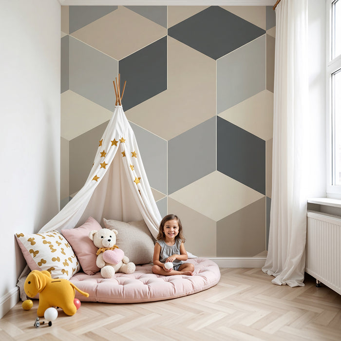 Barntapet | Geometriska mönster i kuber i neutrala toner