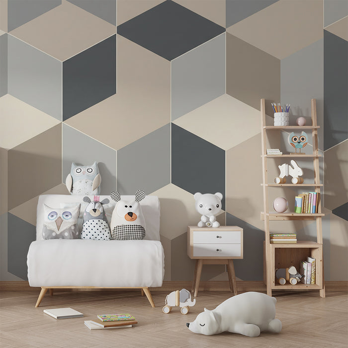Barntapet | Geometriska mönster i kuber i neutrala toner