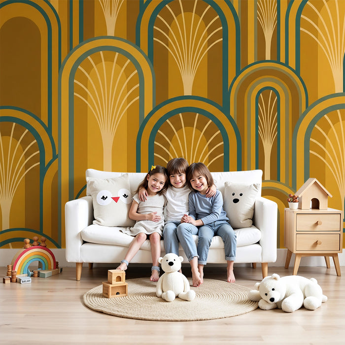 Papier peint chambre enfant | Motifs géométriques en or et bleu avec des arches stylisées