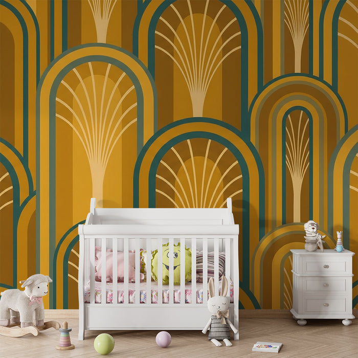 Papier peint chambre enfant | Motifs géométriques en or et bleu avec des arches stylisées