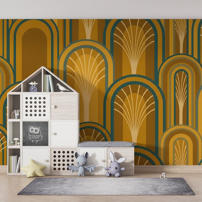 Papier peint chambre enfant | Motifs géométriques en or et bleu avec des arches stylisées