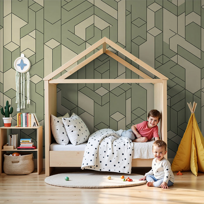 Papier peint chambre enfant | Motifs géométriques en vert et crème