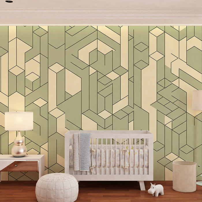 Papier peint chambre enfant | Motifs géométriques en vert et crème