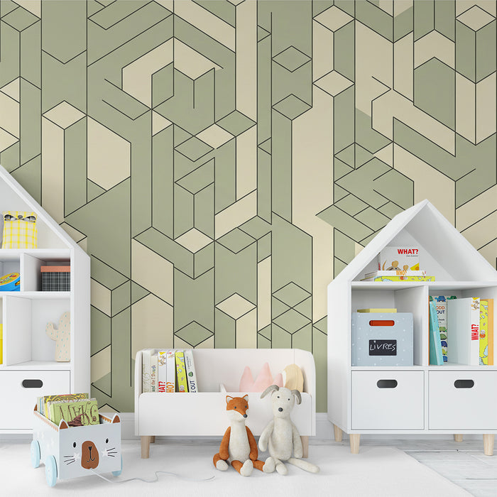 Papier peint chambre enfant | Motifs géométriques en vert et crème