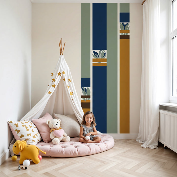 Detská tapeta do izby | Geometrické vzory a štýlizované rastliny v upokojujúcich odtieňoch