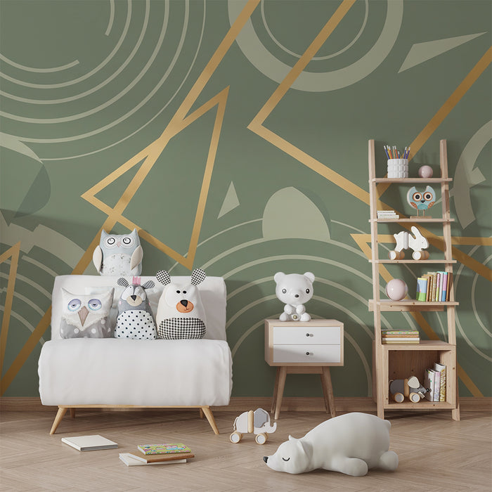 Papel de parede criança | Padrões geométricos modernos com toques dourados em fundo verde