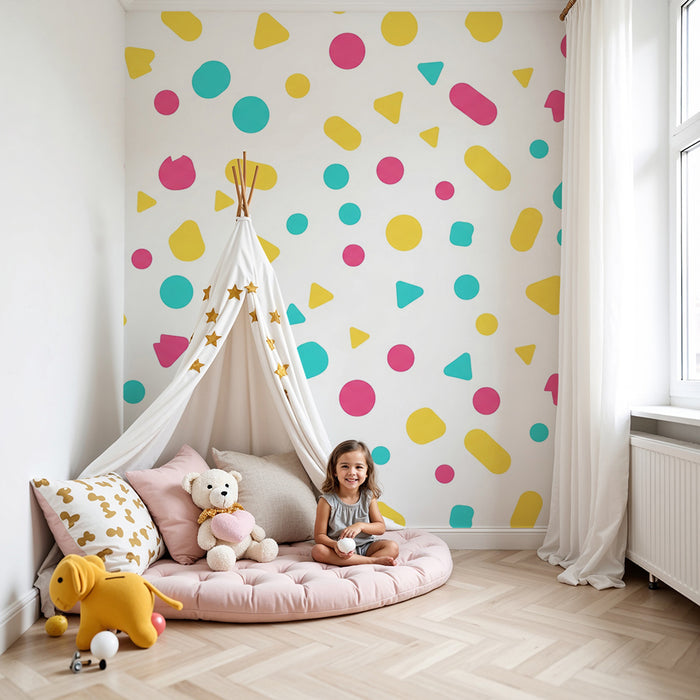 Kids room wallpaper | Tri-color geometric patterns on white background