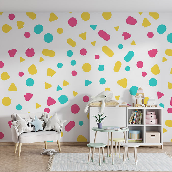 Kids room wallpaper | Tri-color geometric patterns on white background